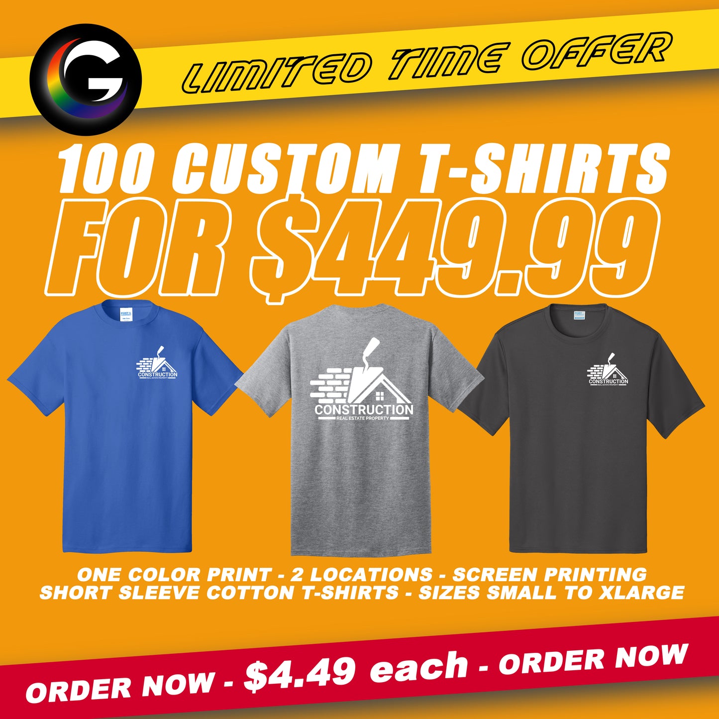 100 Custom Tshirts For $449.99