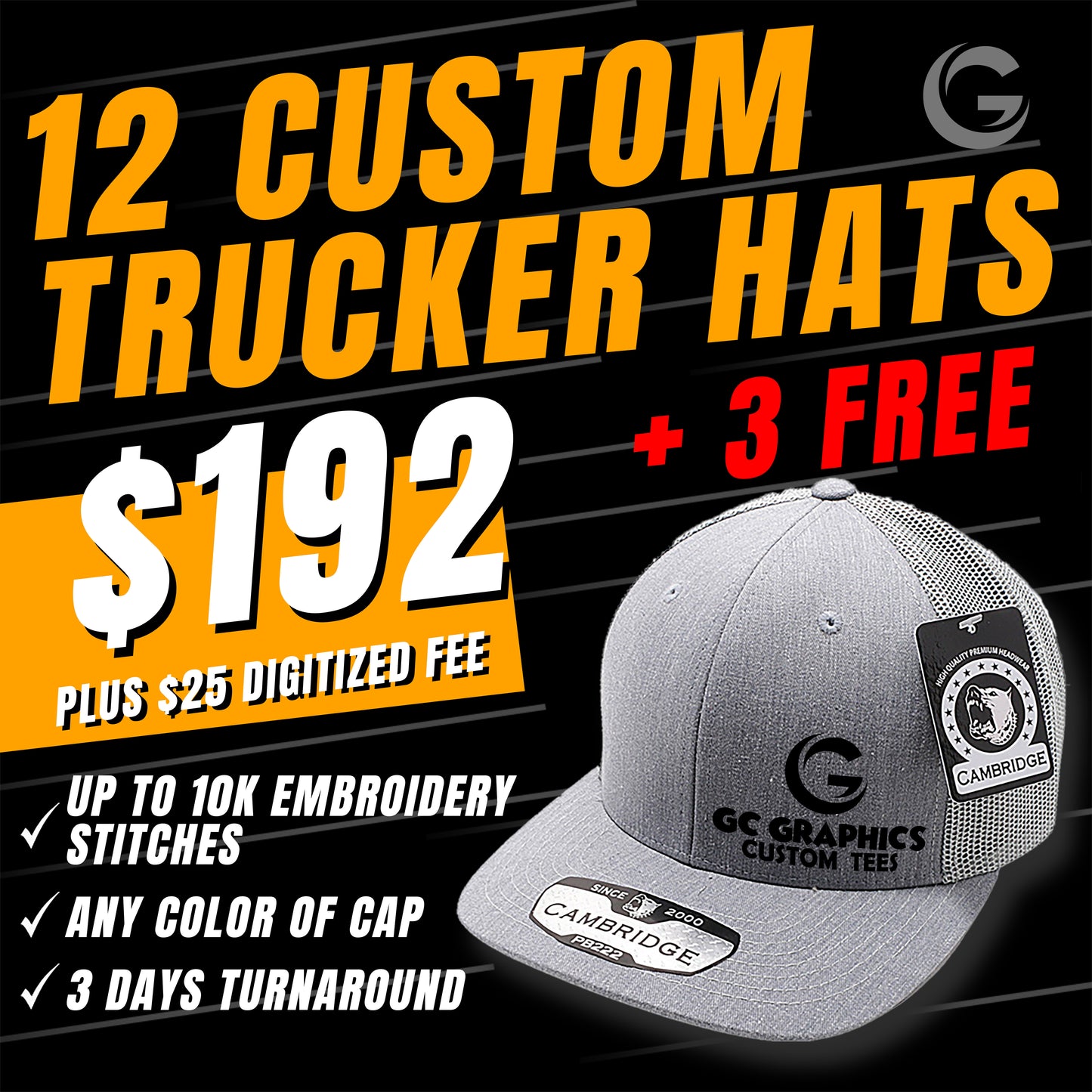 12 Custom Trucker Hats + 3 Free